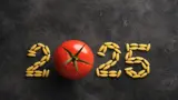 A chalkboard background with the word '2025' written on it. The letters are formed from pasta, except the zero, which is replaced by a tomato loading=